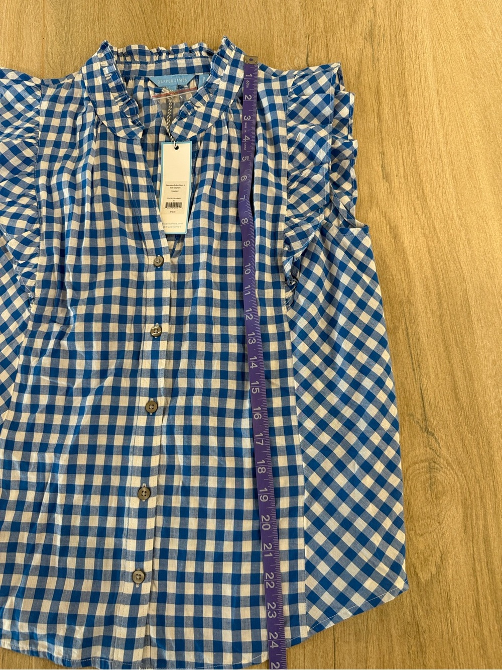 NWT Draper James Blue White Gingham Ruffle Sleeve Button Front Blouse Medium - Picture 3 of 9